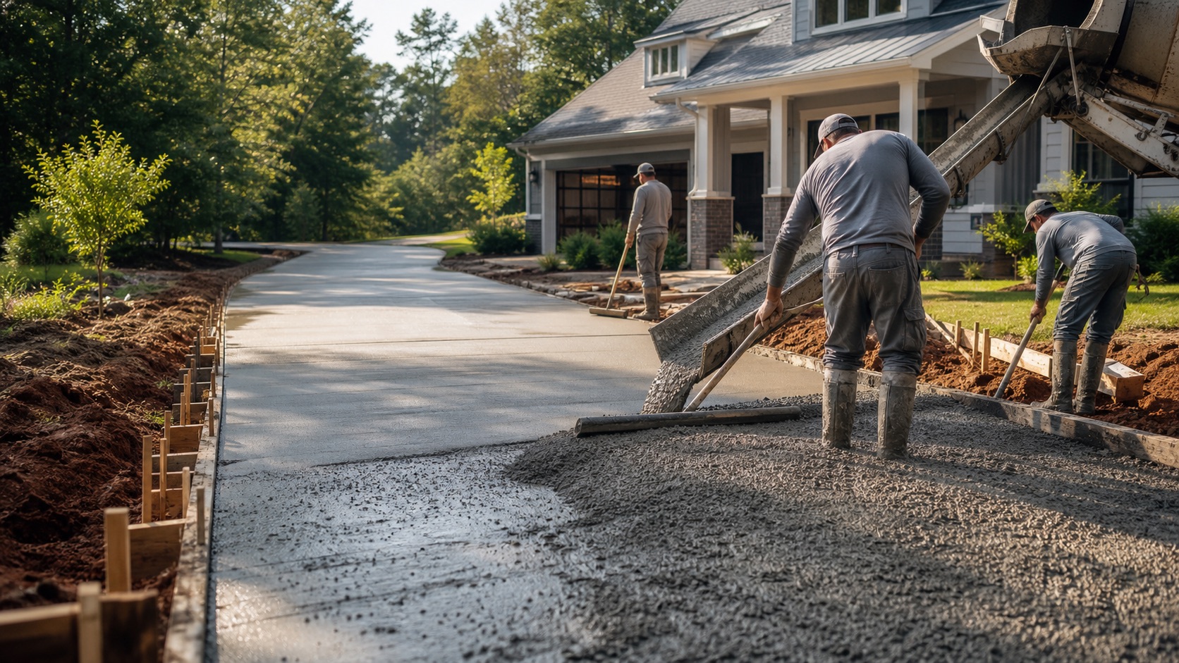 HD Concrete crew pouring a residential driveway in Greenville, South Carolina