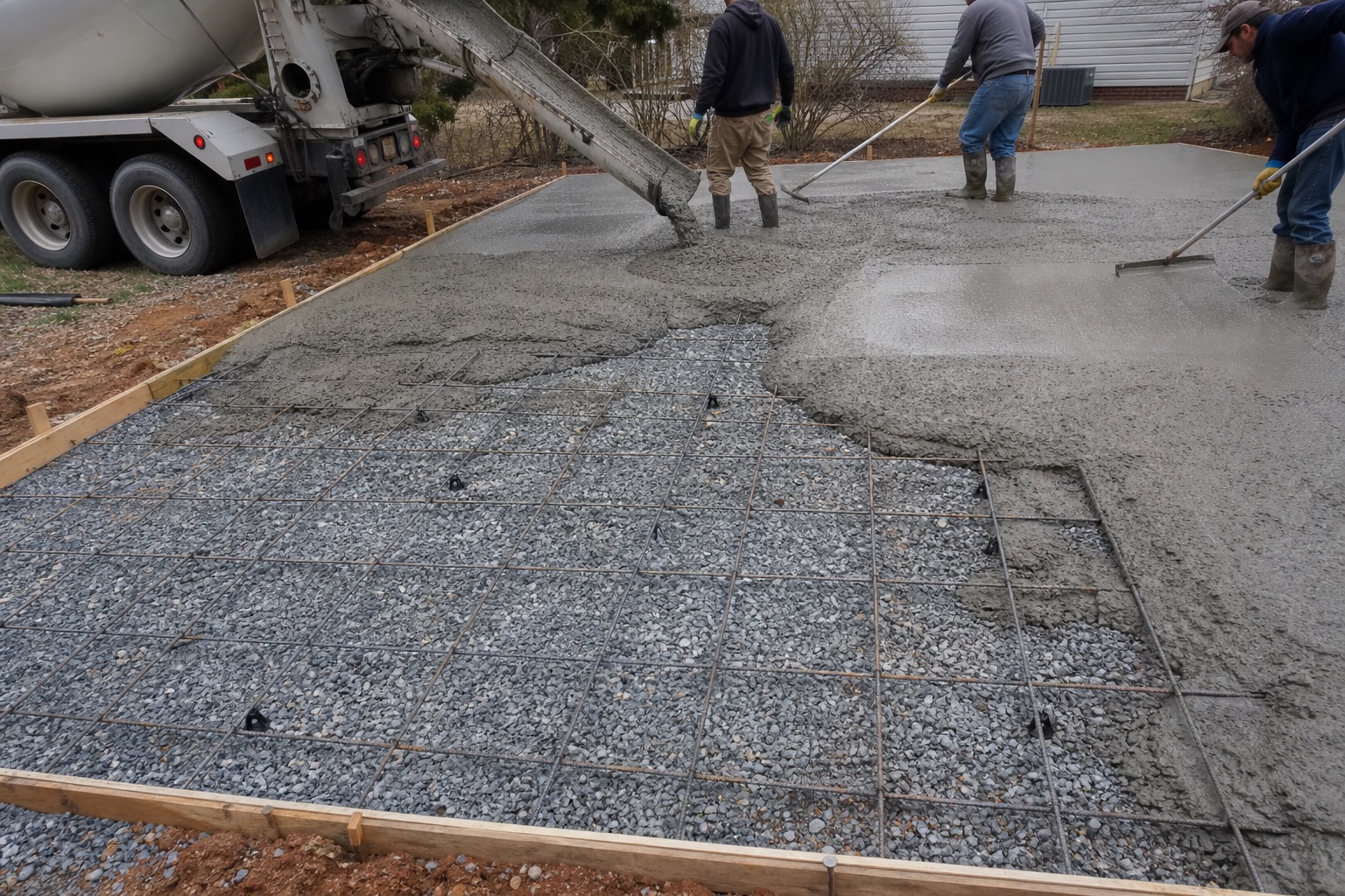 Reinforced concrete slab installation with compacted base near Greenville South Carolina